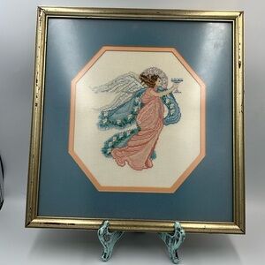 VTG Finished Framed Matted Bethany Angel Mar Bek Cross Stitch Handmade Handsewn